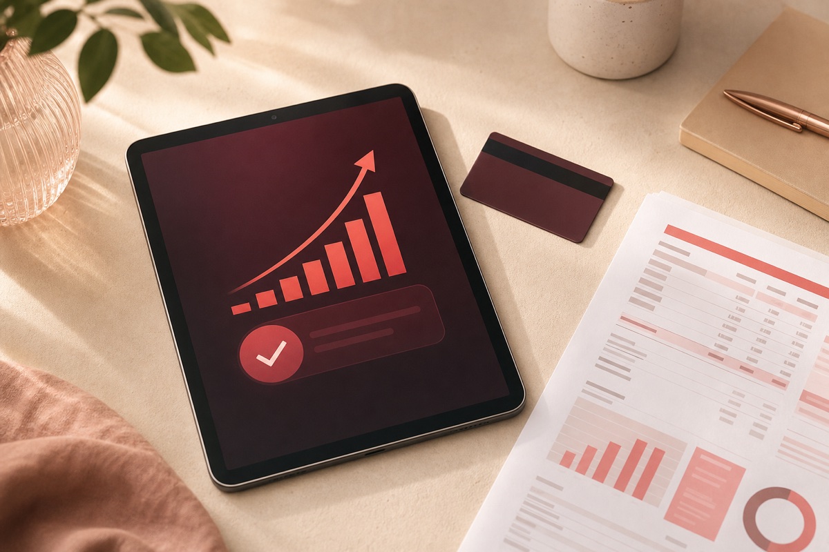 A tablet with an earnings chart beside a payment card
