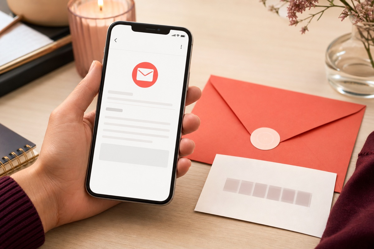 An invite-code email shown beside a red envelope