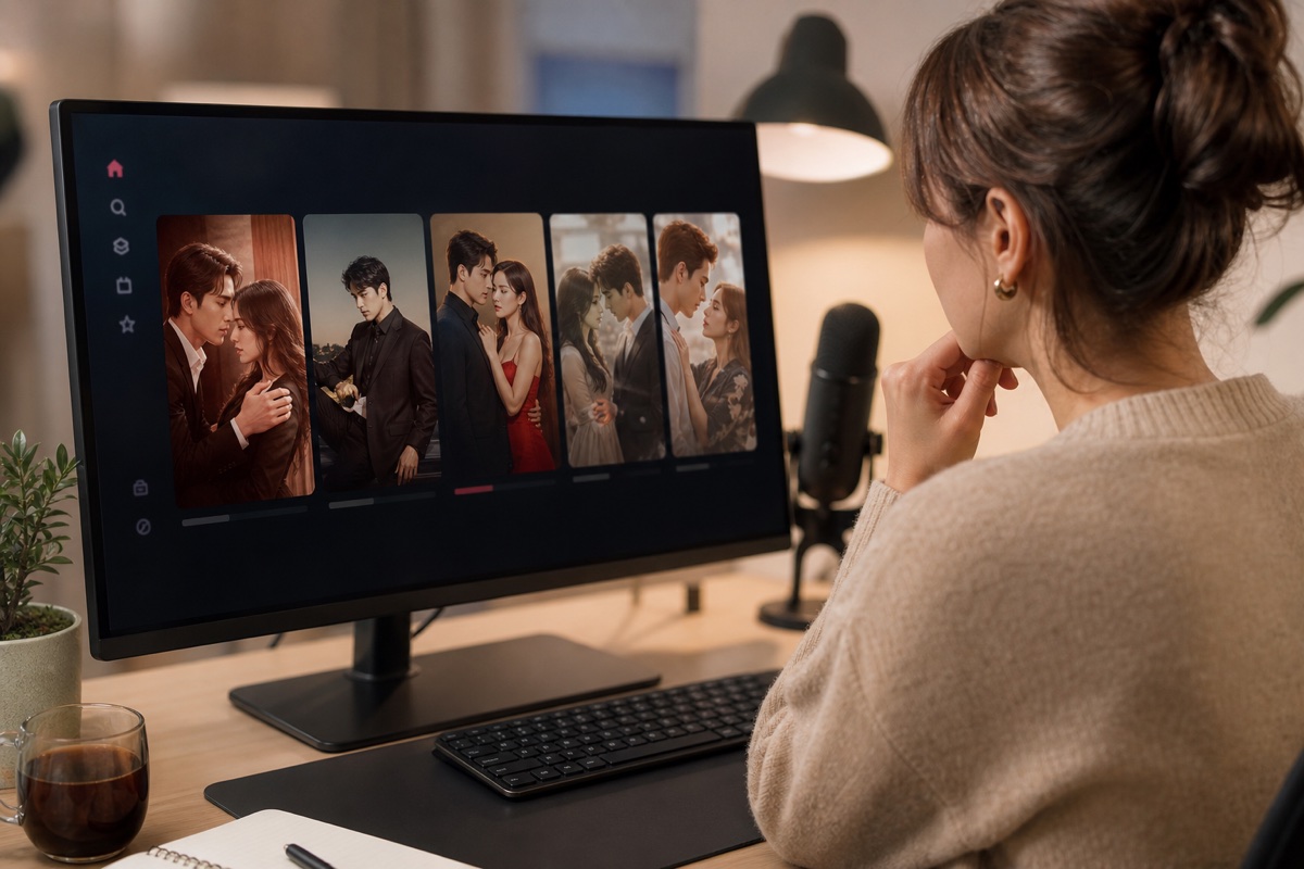 A creator choosing a vertical short drama on a monitor